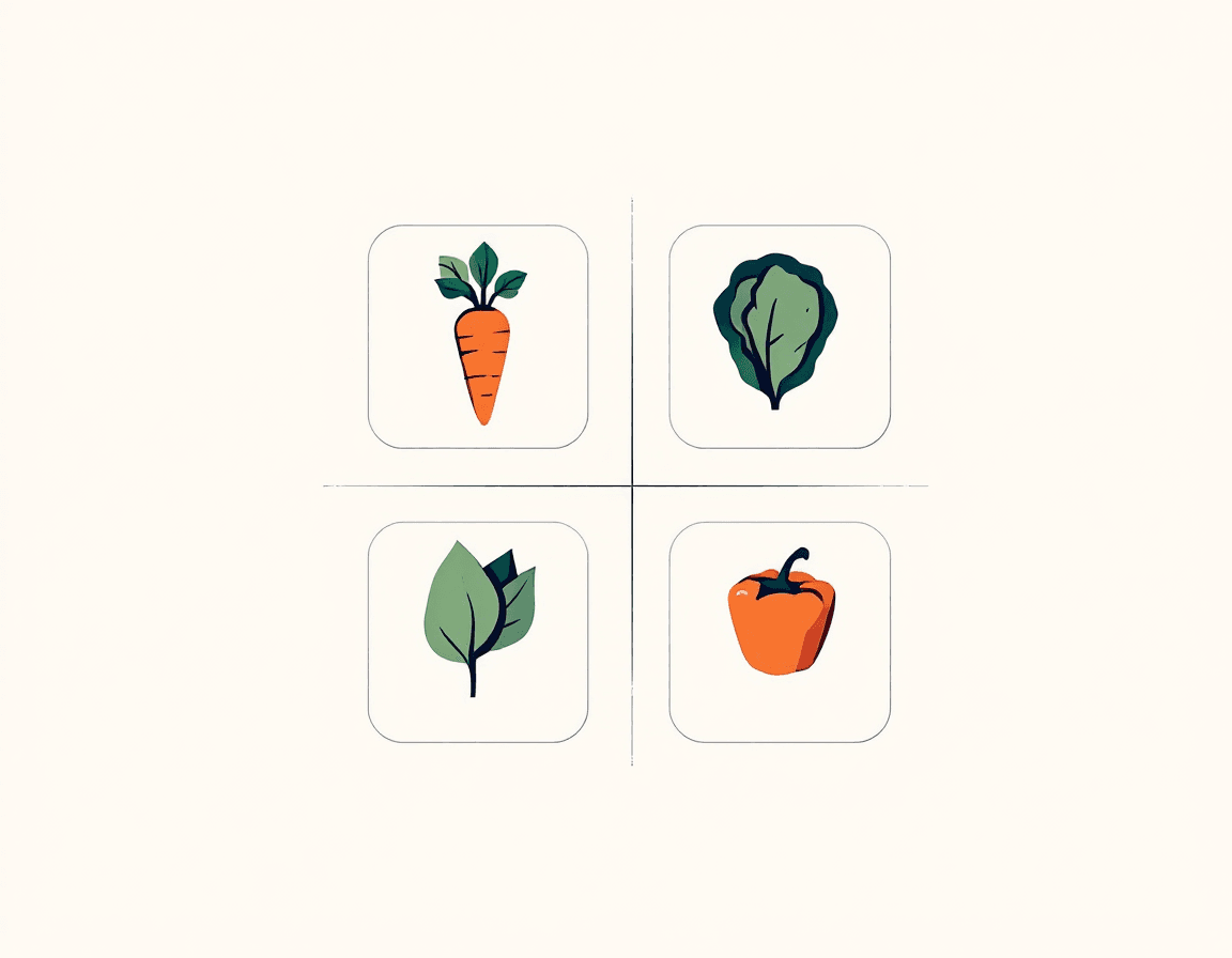 Top-down illustration of a planned raised-bed vegetable garden with tomatoes, lettuce, carrots, herbs and companion flowers arranged in a tidy grid